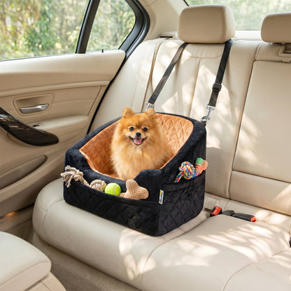 Dog Car Seat, Detachable Washable Dog Booster Seat with Thick Cushion, Seat Belt, Pockets for Small Under 10kg, Brown