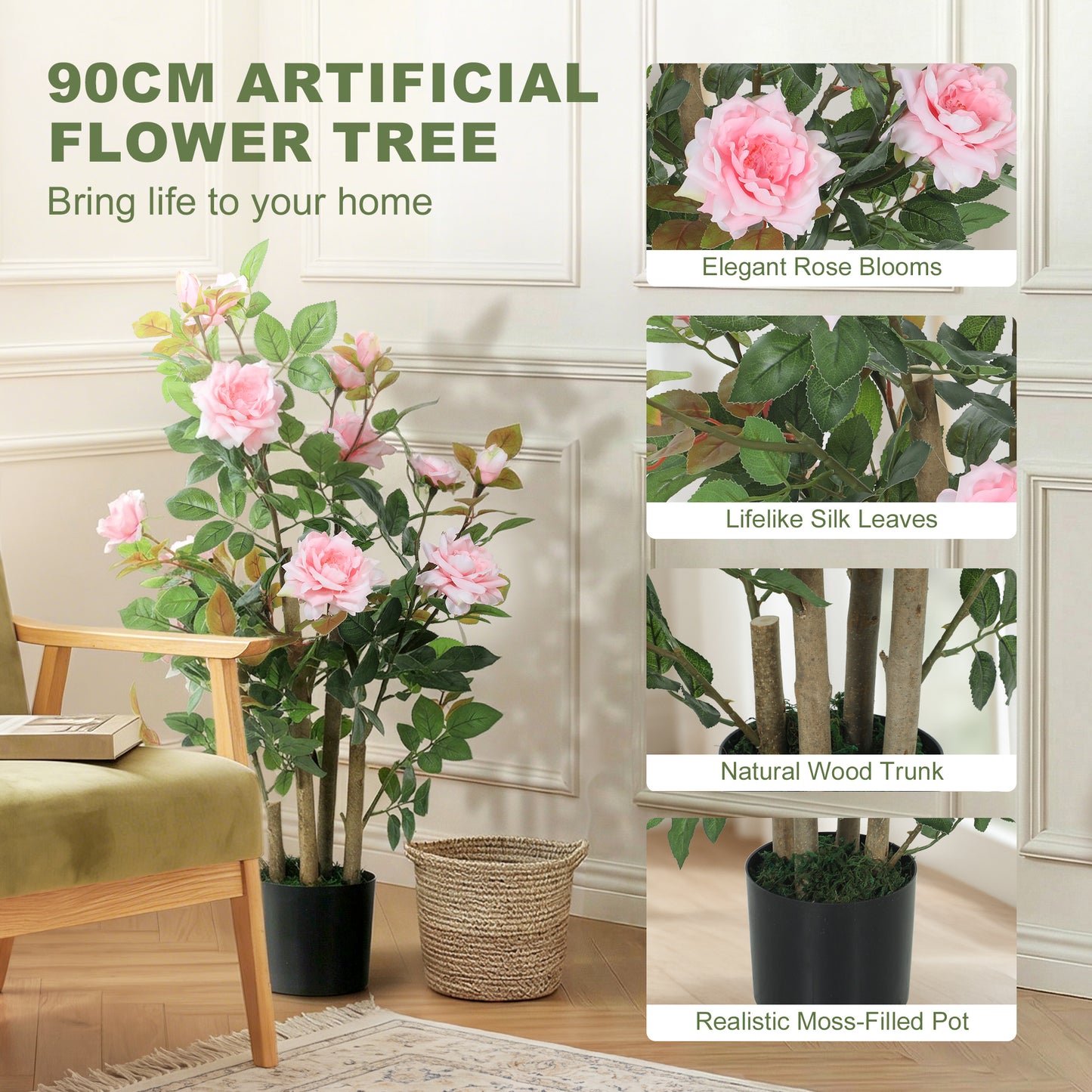 90cm Artificial Rose Tree Set of 2, Decorative Fake Plant with 344 Silk Leaves 17 Flowers for Outdoor Indoor Decor, Pink