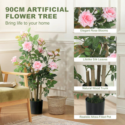 90cm Artificial Rose Tree Set of 2, Decorative Fake Plant with 344 Silk Leaves 17 Flowers for Outdoor Indoor Decor, Pink