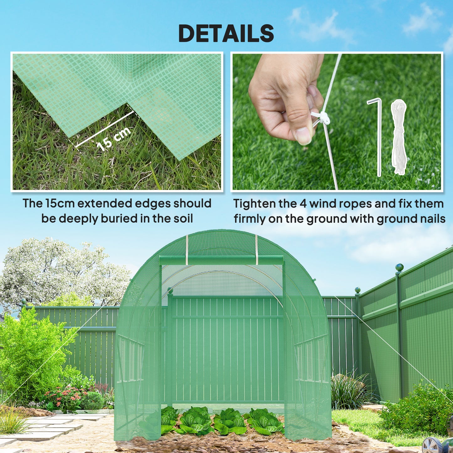 3.5 x 2m Walk-In Polytunnel Greenhouse, with Steel Frame, PE Cover, Roll-Up Door and 6 Windows, Green
