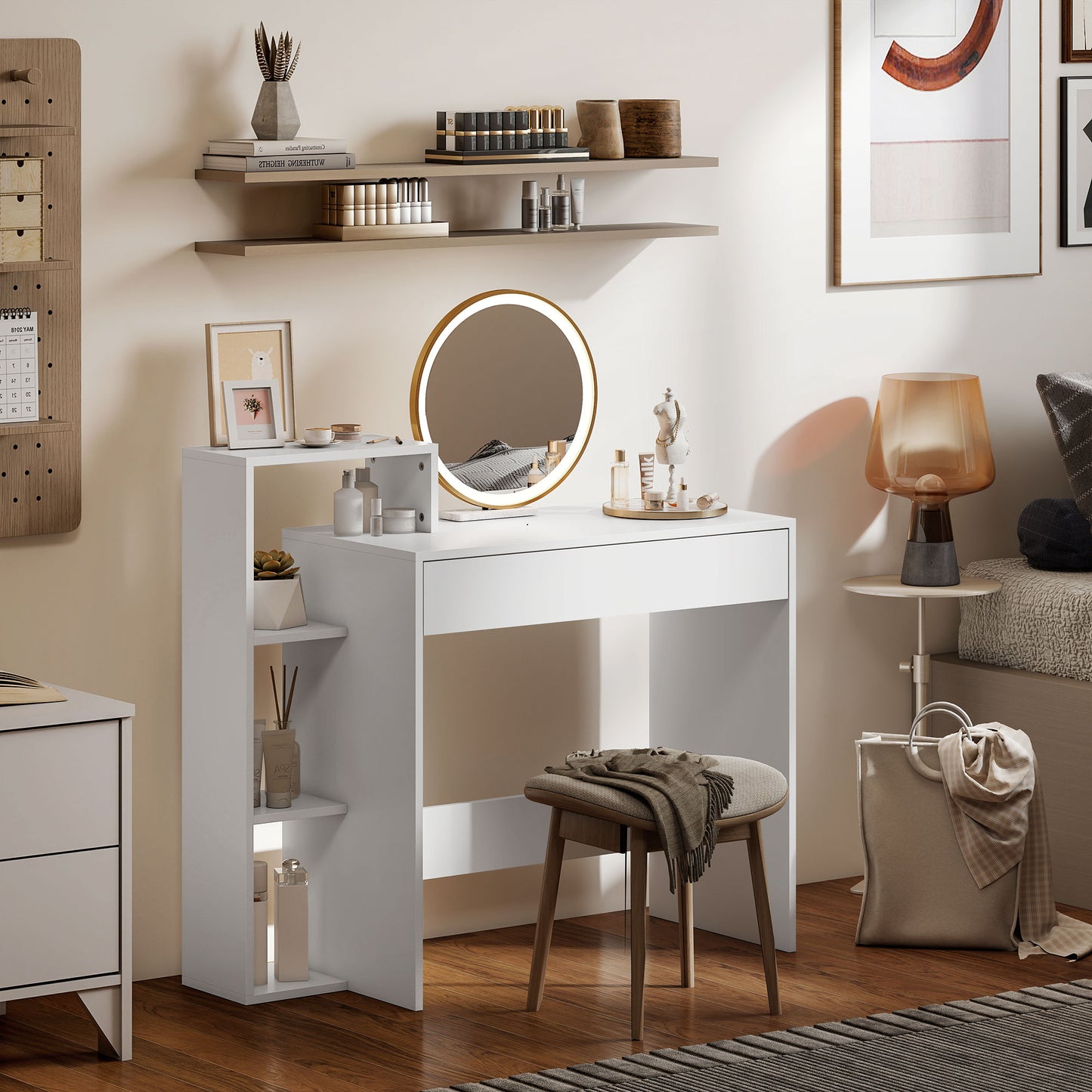 Desk with Storage, Computer Desk with 3 Open Shelves and Drawer, Workstation, Computer Table, White