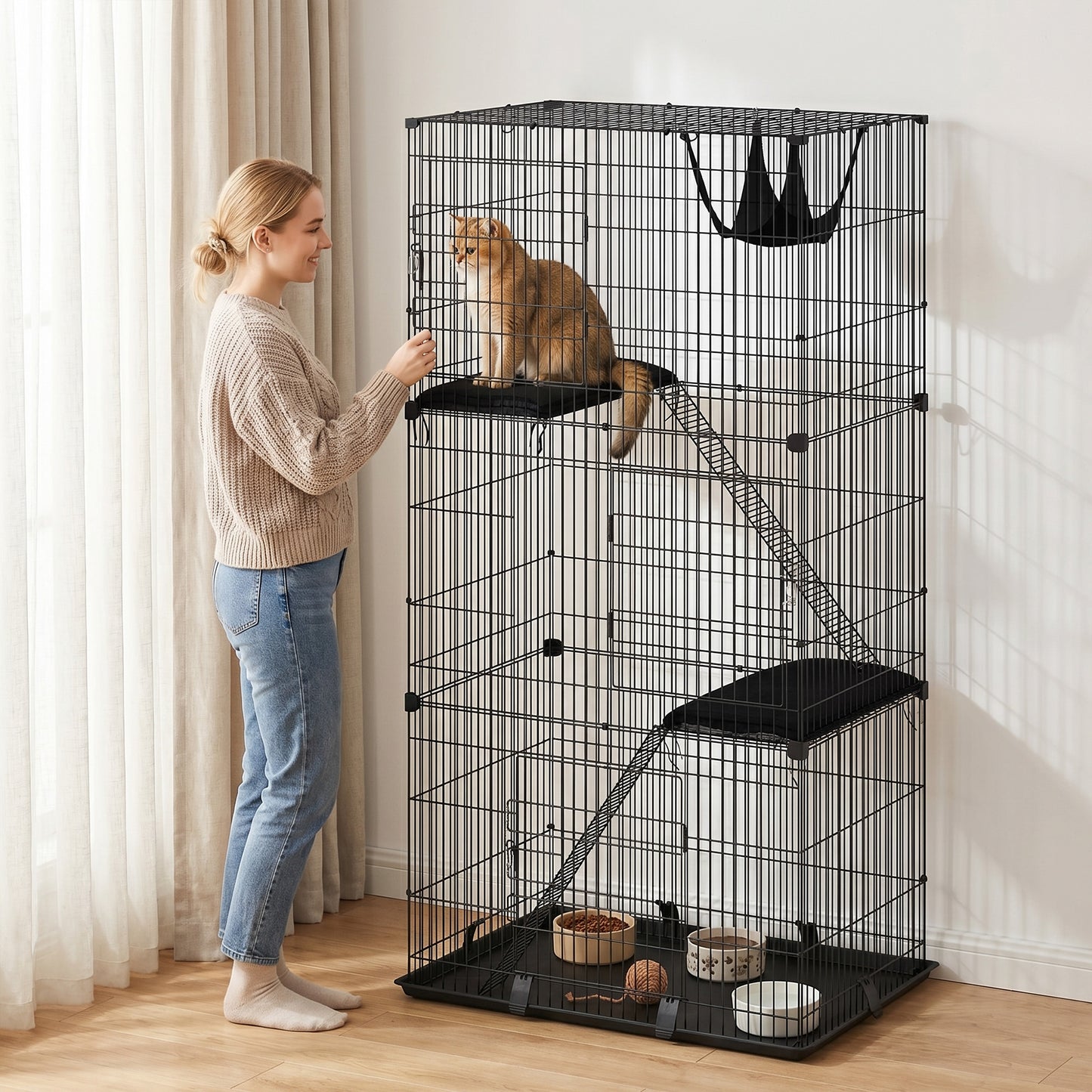 3-Tier Large Cat Cage Indoor, Detachable Metal Wire Kennel with Hammock, Platforms, Tray and Cushions for 1-2 Kittens