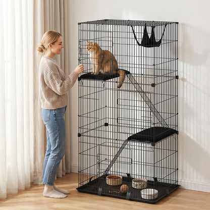 3-Tier Large Cat Cage Indoor, Detachable Metal Wire Kennel with Hammock, Platforms, Tray and Cushions for 1-2 Kittens