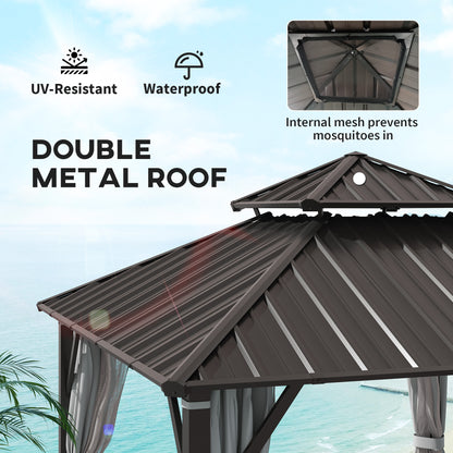 3 x 3(m) Hardtop Gazebo Canopy with Double Metal Roof, Waterproof Permanent Pavilion Garden Gazebo with Netting and Curtains