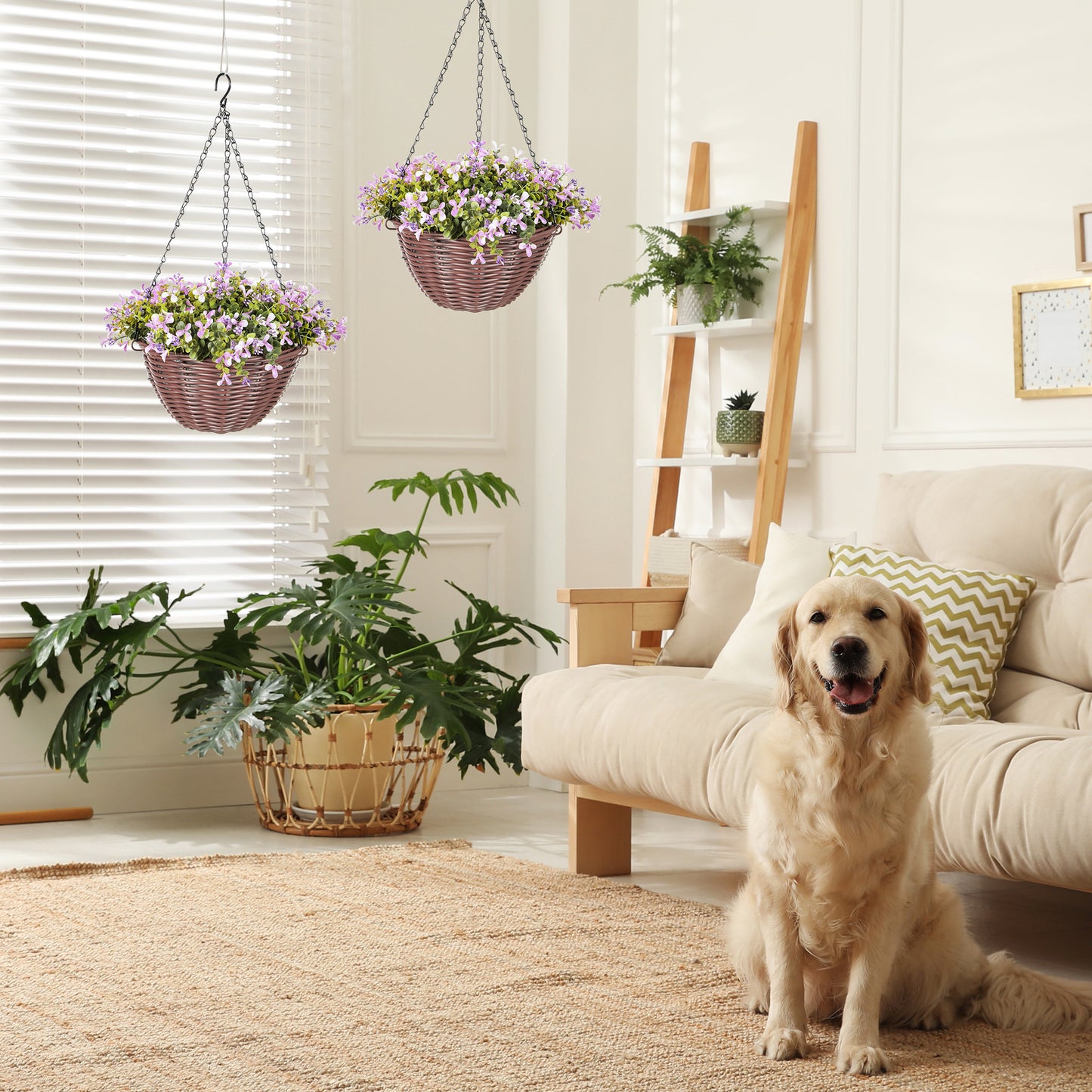 Artificial Flowers in Basket Set of 2, Artificial Hanging Baskets with 75 Leaves and 15 Flowers in Pot