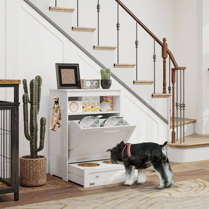 Pet Feeder Station, Dog, Cat Storage Container, with Raised Bowls, Hanger, Cabinet - White