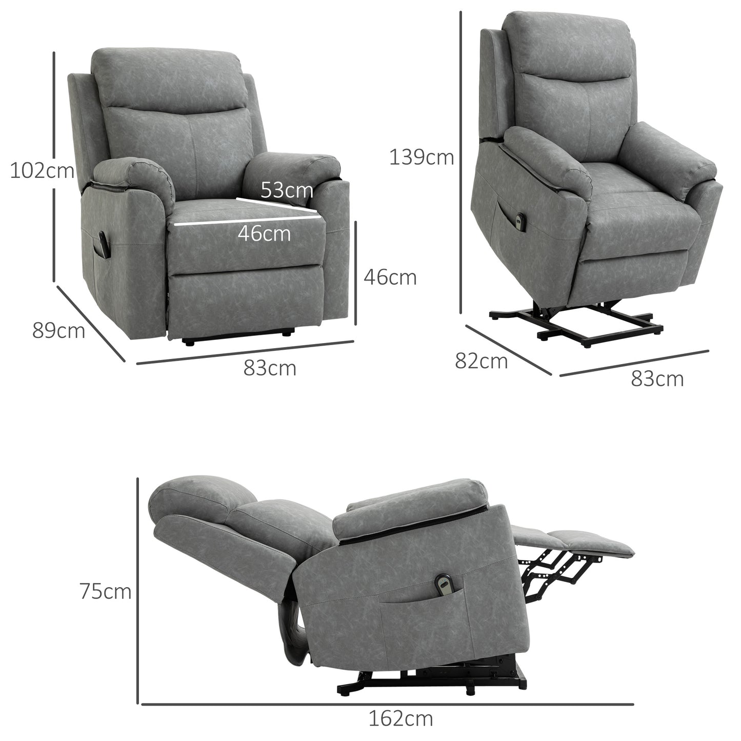 Faux Leather 70° Electric Riser Recliner Chair - Grey