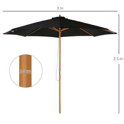 3(m) Garden Parasol, Pulley Operated Patio Umbrella, Wooden Table Market Umbrella with Rope Pulley Mechanism and 8 Ribs