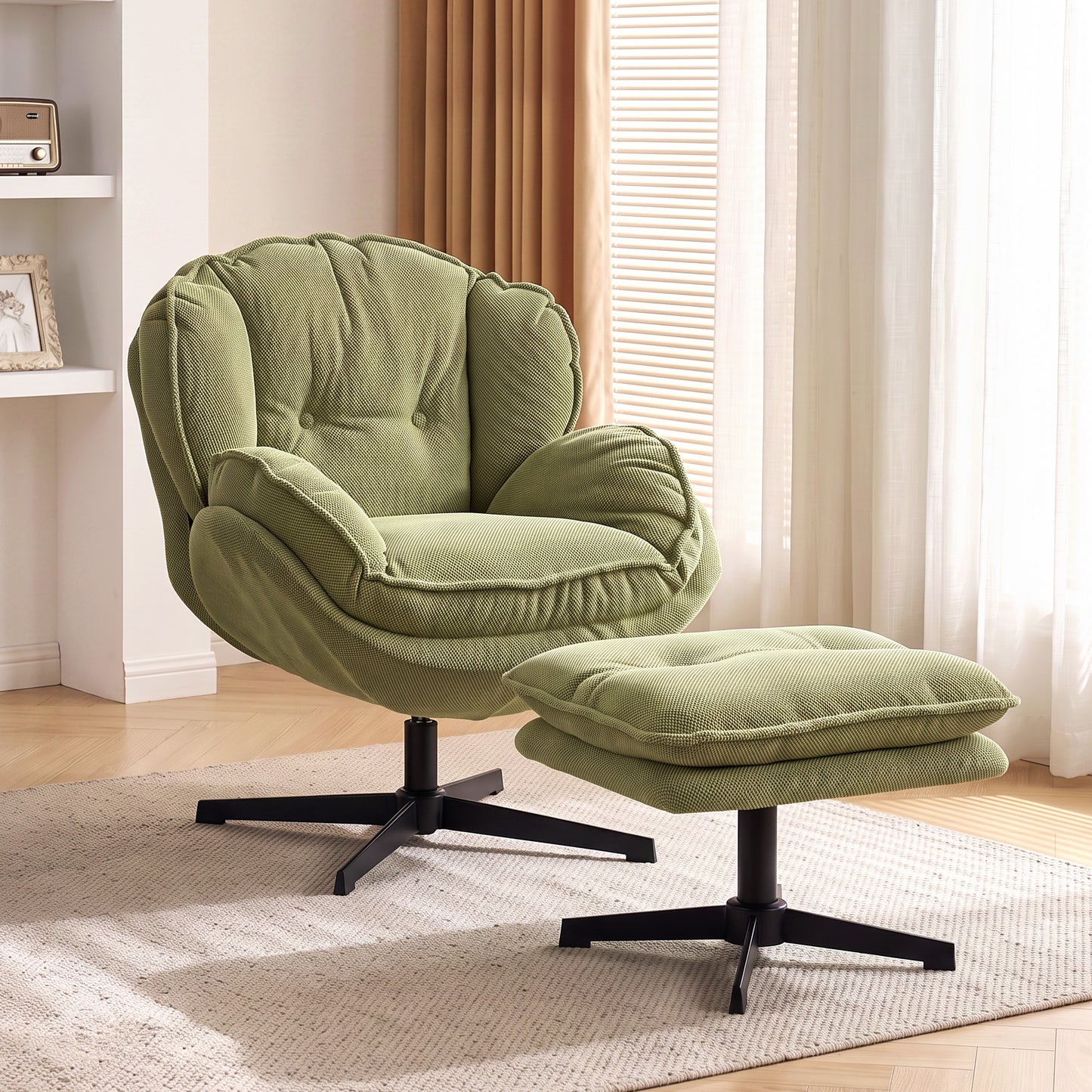Armchair with Adjustable Footstool, 360° Swivel Chenille Cloud Accent Chair with Thick Cushion, Steel Base, Green