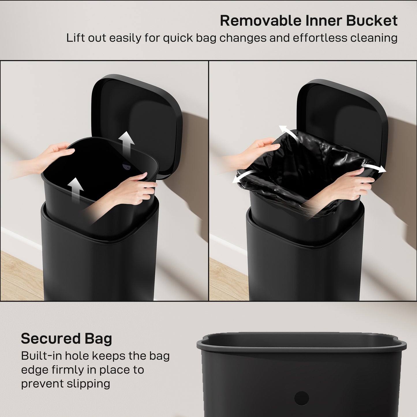30L Kitchen Bin, Compact Pedal Bin with Soft-Close and Stay-Open Lid, Removable Bucket for Kitchen, Home, Office, Black