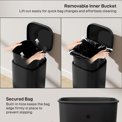 30L Kitchen Bin, Compact Pedal Bin with Soft-Close and Stay-Open Lid, Removable Bucket for Kitchen, Home, Office, Black