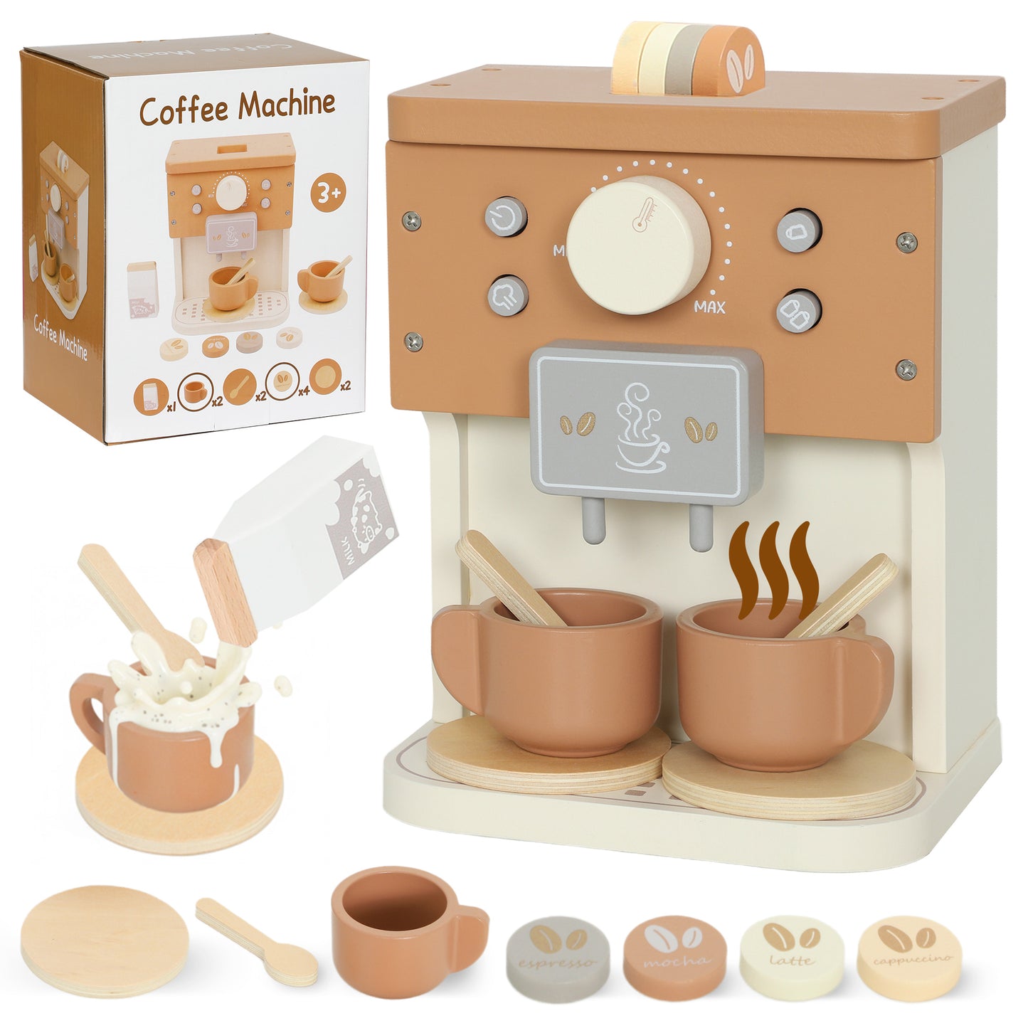 Kids Wooden Coffee Machine Toy, Pretend Play Kitchen Accessories Gift for Boys and Girls Ages 3+