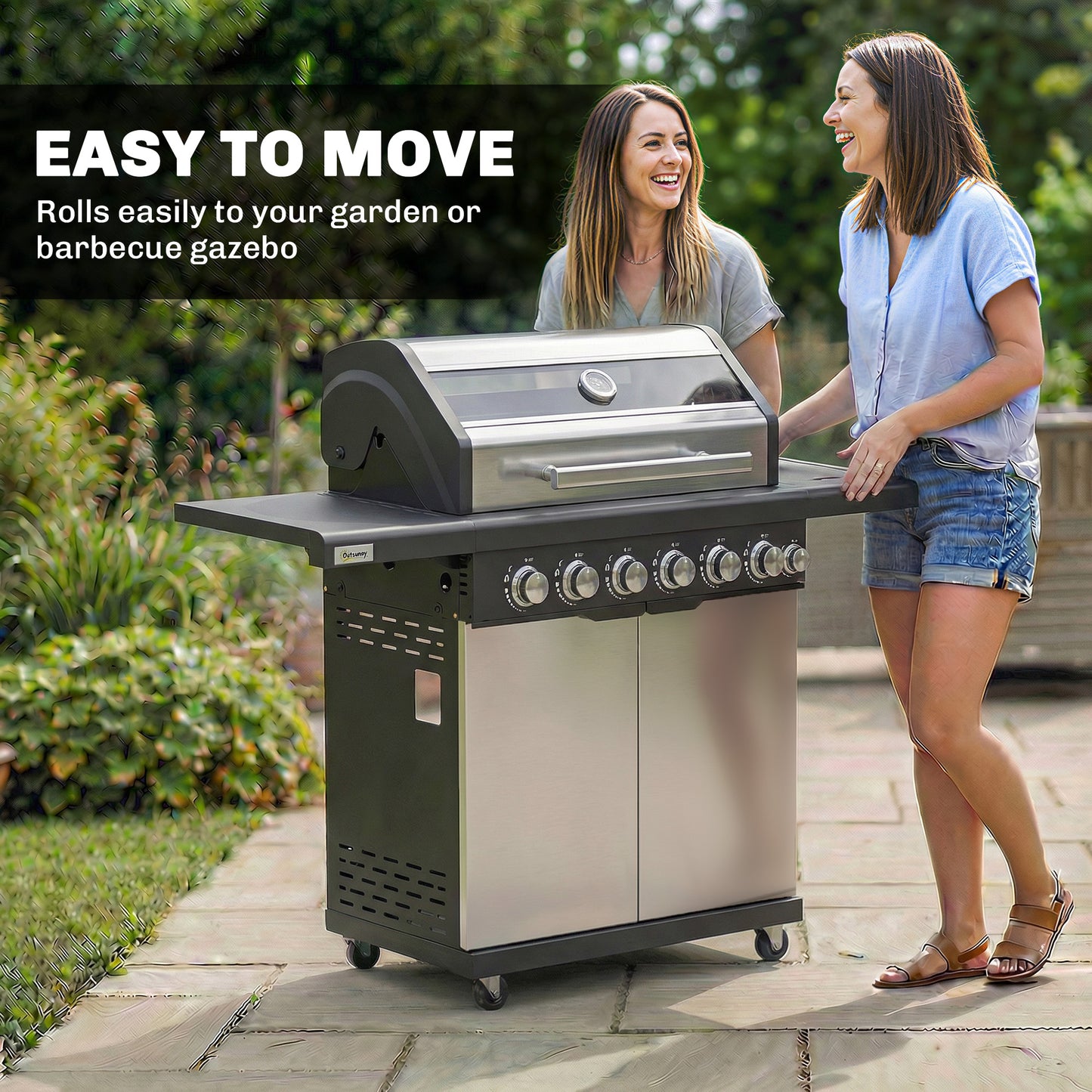 6+1 Burner Gas BBQ Grill, Outdoor Barbecue Trolley with Wheels, Warming Rack, Thermometer, Bottle Opener, Silver Tone