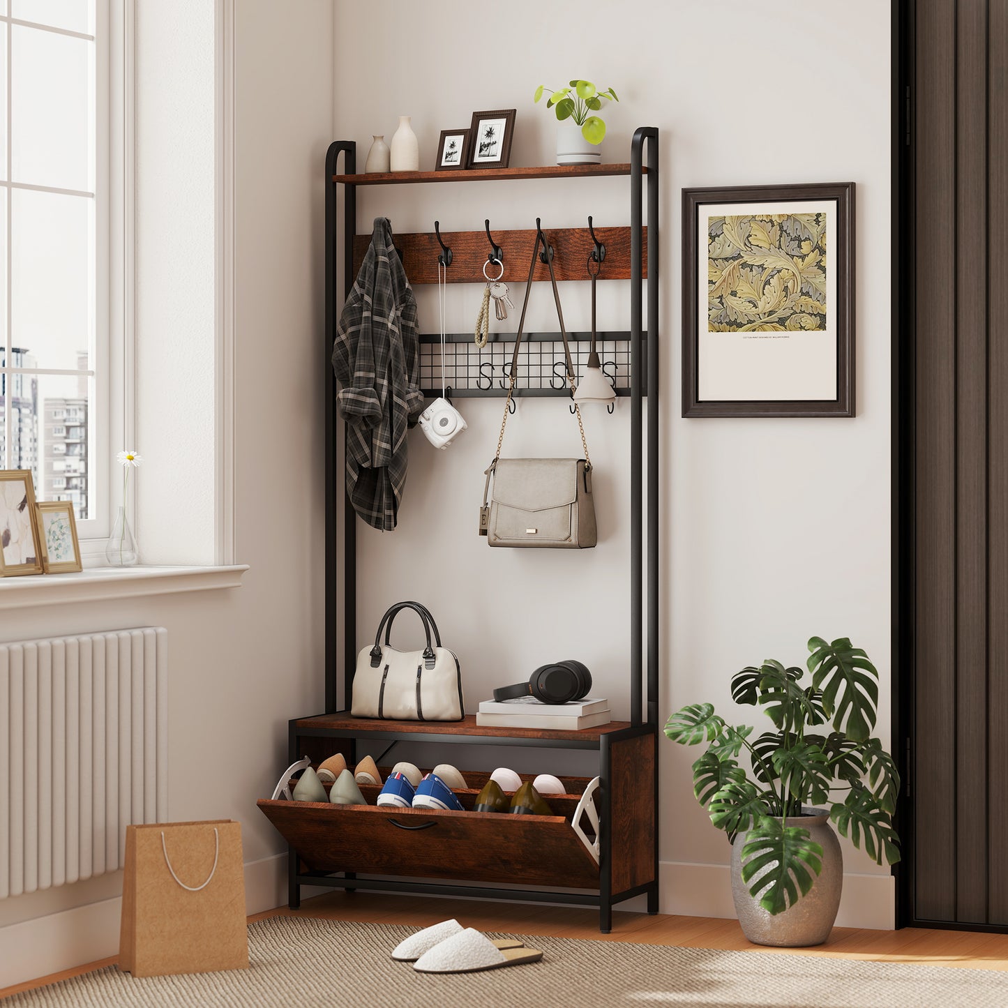 5-In-1 Industrial-Style Hallway Tree - Brown/Black