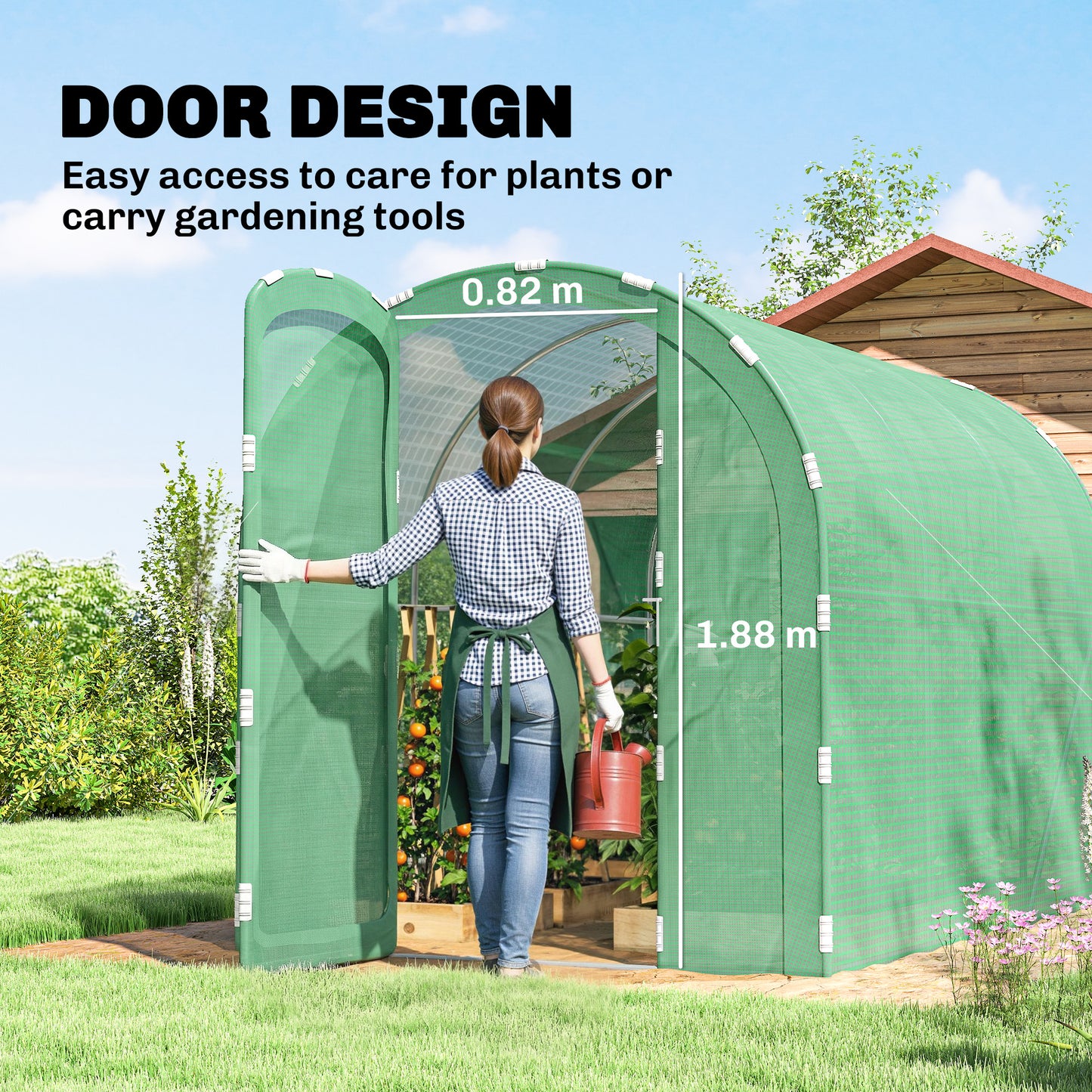3 x 2 x 2m Polytunnel Greenhouse with Hinged Door, Walk-in Grow House Tent with PE Cover and Galvanised Steel Frame, Green