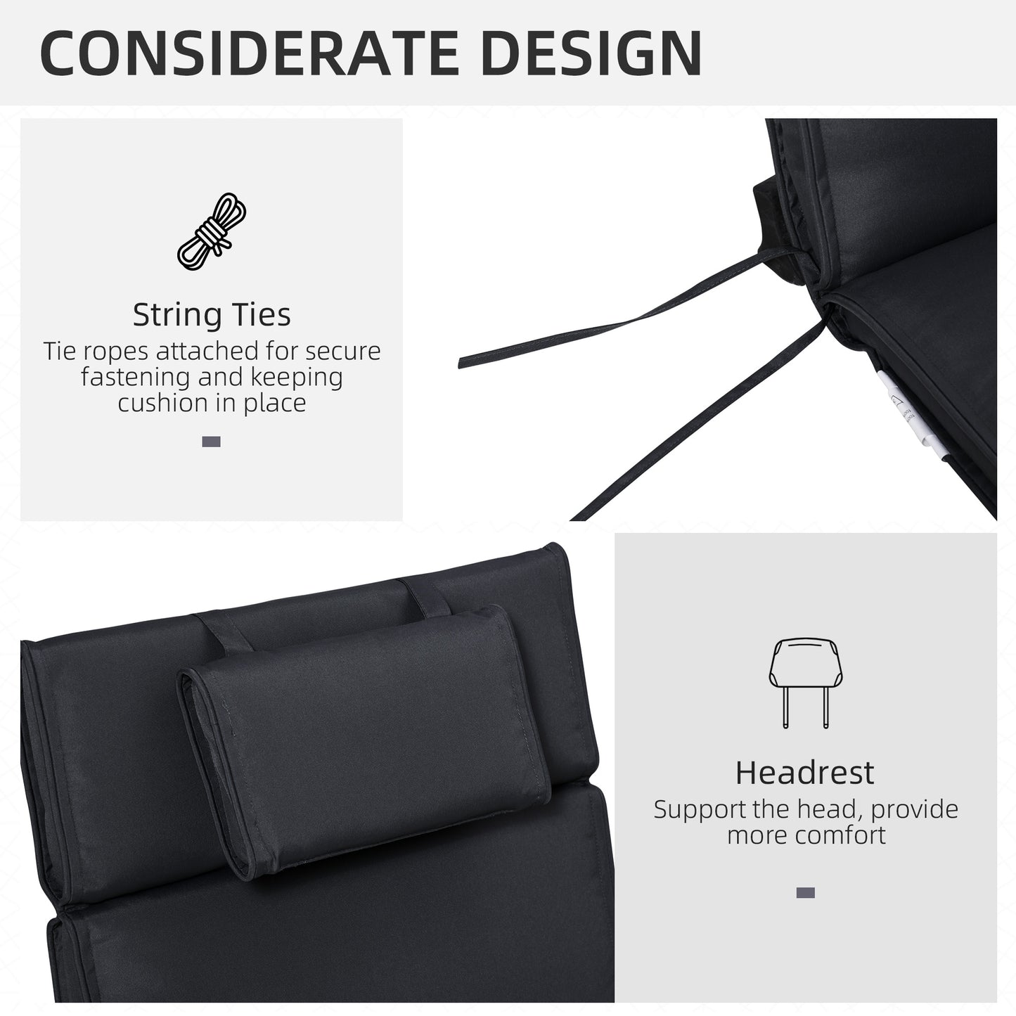 Garden Sun Lounger Cushion Replacement Soft Sunbed Reclining Chair Relaxer Pad with Pillow, Cushion ONLY - Black