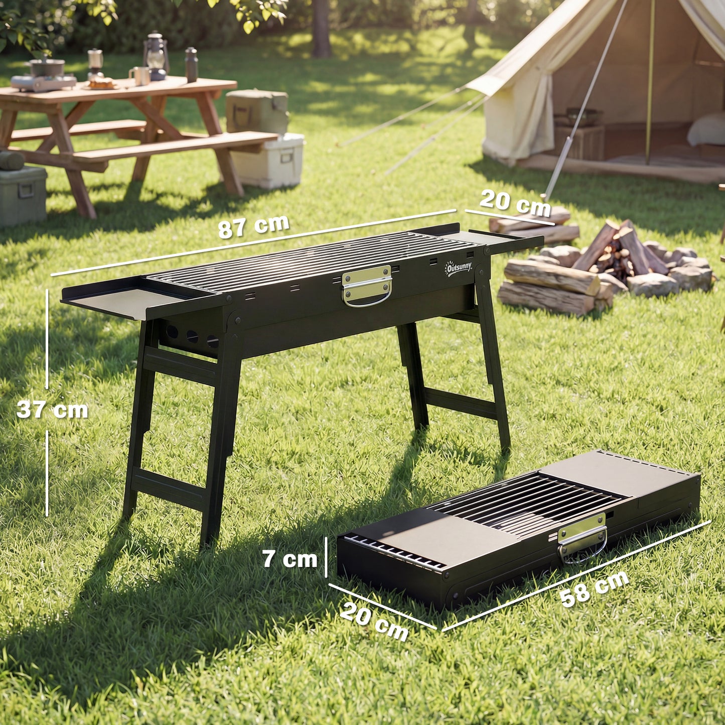 Portable BBQ Grill, Foldable Charcoal Grill for Camping and Picnics with 2 Side Shelves and Handle, Black