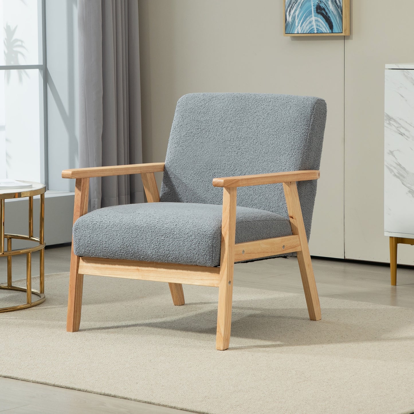 Modern Armchair, Sherpa Fleece Upholstered Accent Chair with Solid Wood Legs and Wide Seat