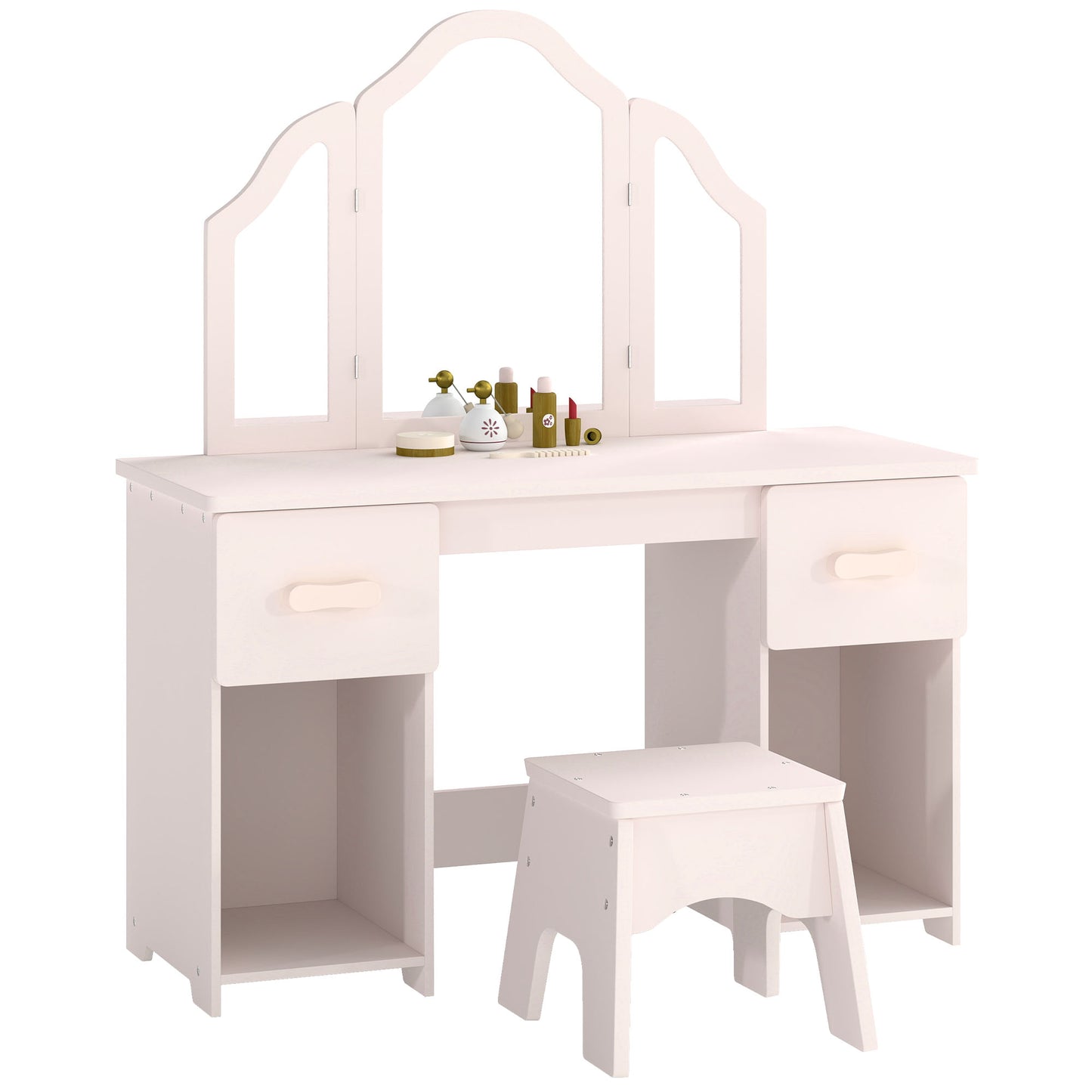 Kids Dressing Table, Kids Vanity Table and Chair Set with Tri-Folding Mirror, 2 Drawers, 2 Cabinets for Girls 3+, Pink