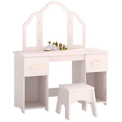 Kids Dressing Table, Kids Vanity Table and Chair Set with Tri-Folding Mirror, 2 Drawers, 2 Cabinets for Girls 3+, Pink