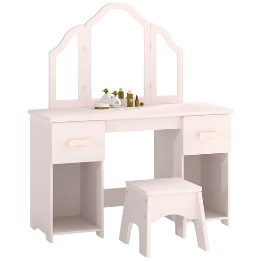 Kids Dressing Table, Kids Vanity Table and Chair Set with Tri-Folding Mirror, 2 Drawers, 2 Cabinets for Girls 3+, Pink