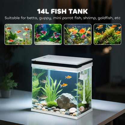 14L Glass Fish Tank With Filter System, LED Lights, Water Pump, White