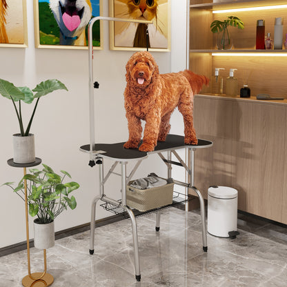 Foldable Dog Grooming Table Pet Drying Table with Adjustable Arm Non-Slip Rubber Tabletop Aluminium Alloy Edge Stainless Stee