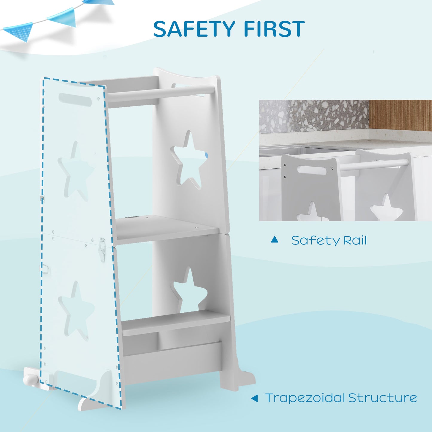 2-in-1 Toddler Step Stool with Safety Rail for Kitchen, Bathroom, White
