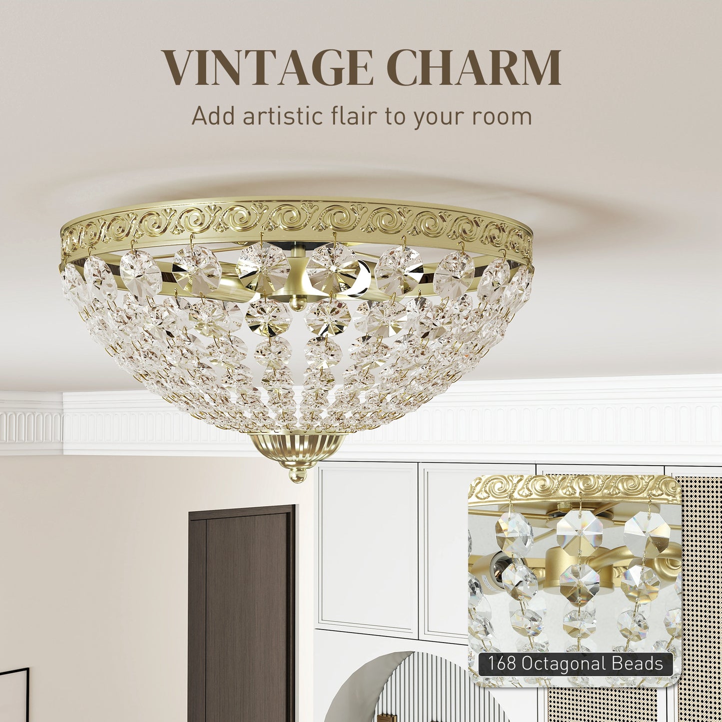Crystal Chandelier Ceiling Light with 168 Octagonal Beads, Vintage 2-Light Flush Mount Ceiling Light for Living Room