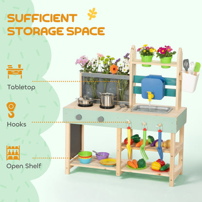 Mud Kitchen with Working Faucet, Kids Play Kitchen with Flower Pots, Kitchen Accessories, Planting Tools, Blue