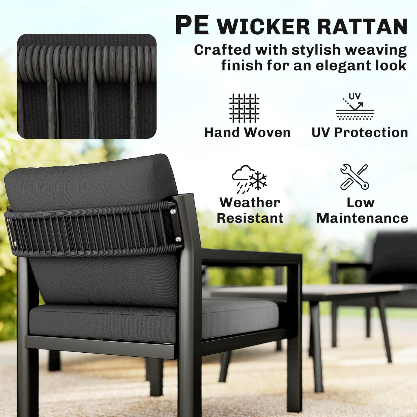 4 Seater Rattan Garden Furniture Set with 2 Armchairs, Loveseat, Coffee Table, Dark Grey