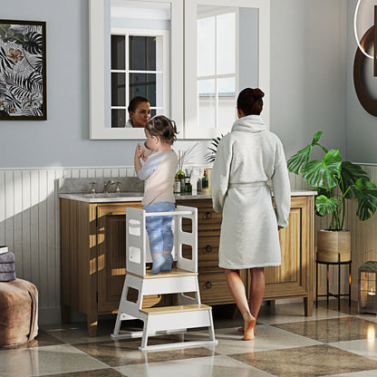 2-in-1 Toddler Tower with Chalkboard, Safety Rail for Kitchen, Counter, Bathroom, Sink, White