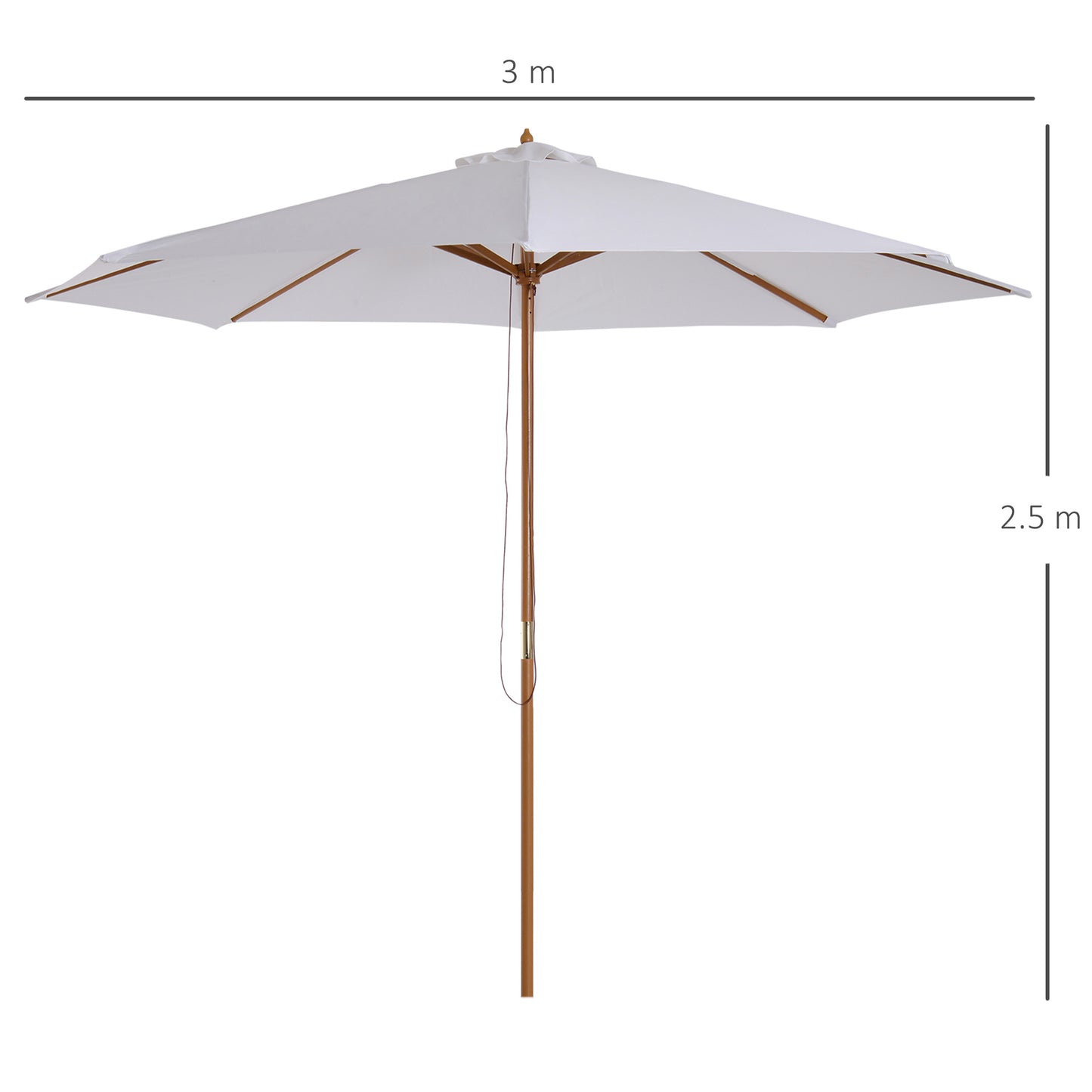 3(m) Garden Parasol, Pulley Operated Patio Umbrella, Wooden Table Market Umbrella with Rope Pulley Mechanism and 8 Ribs