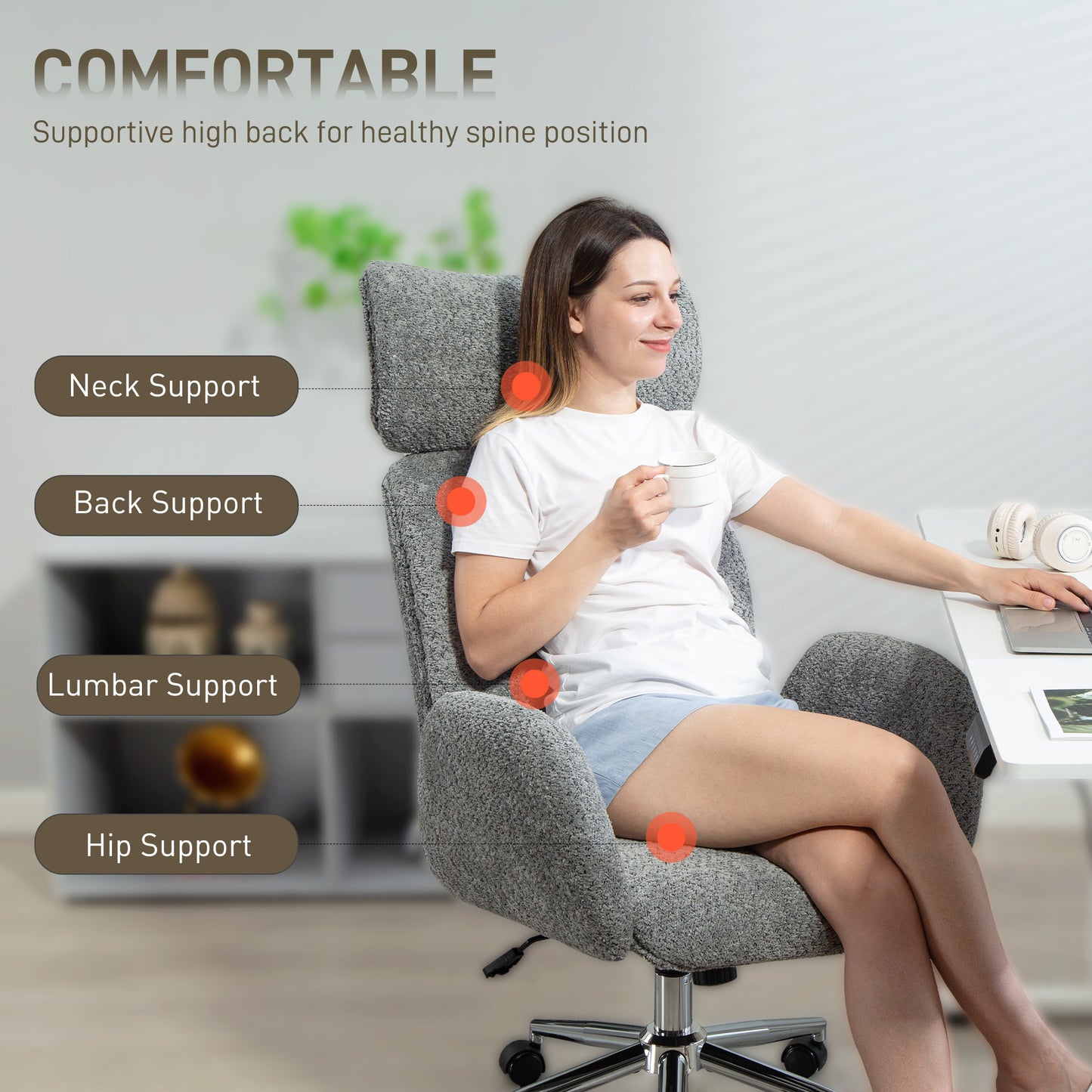 Office Chair with Adjustable Headrest, Spring Pack, Curved Line, Boucle Fabric - Charcoal Grey