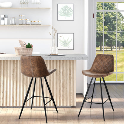 Set Of 2 Bar Stools Vintage Microfiber Cloth Tub Seats Padded Comfortable Steel Frame Footrest Quilted Home Bar Cafe Kitchen