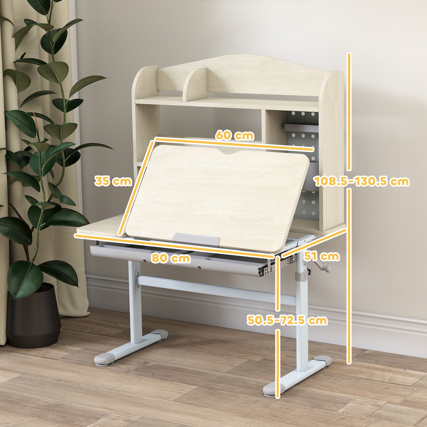 Kids Desk Height Adjustable with Tilt-Desktop, Hutch, Drawer, Storage Shelf, Pegboard, for 3-12 Years Old, Natural