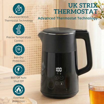 Electric Kettle, 1.7L Fast Boil 3kW Water Kettle with UK Strix Thermostat, LED Display, Keep Warm Function, Black