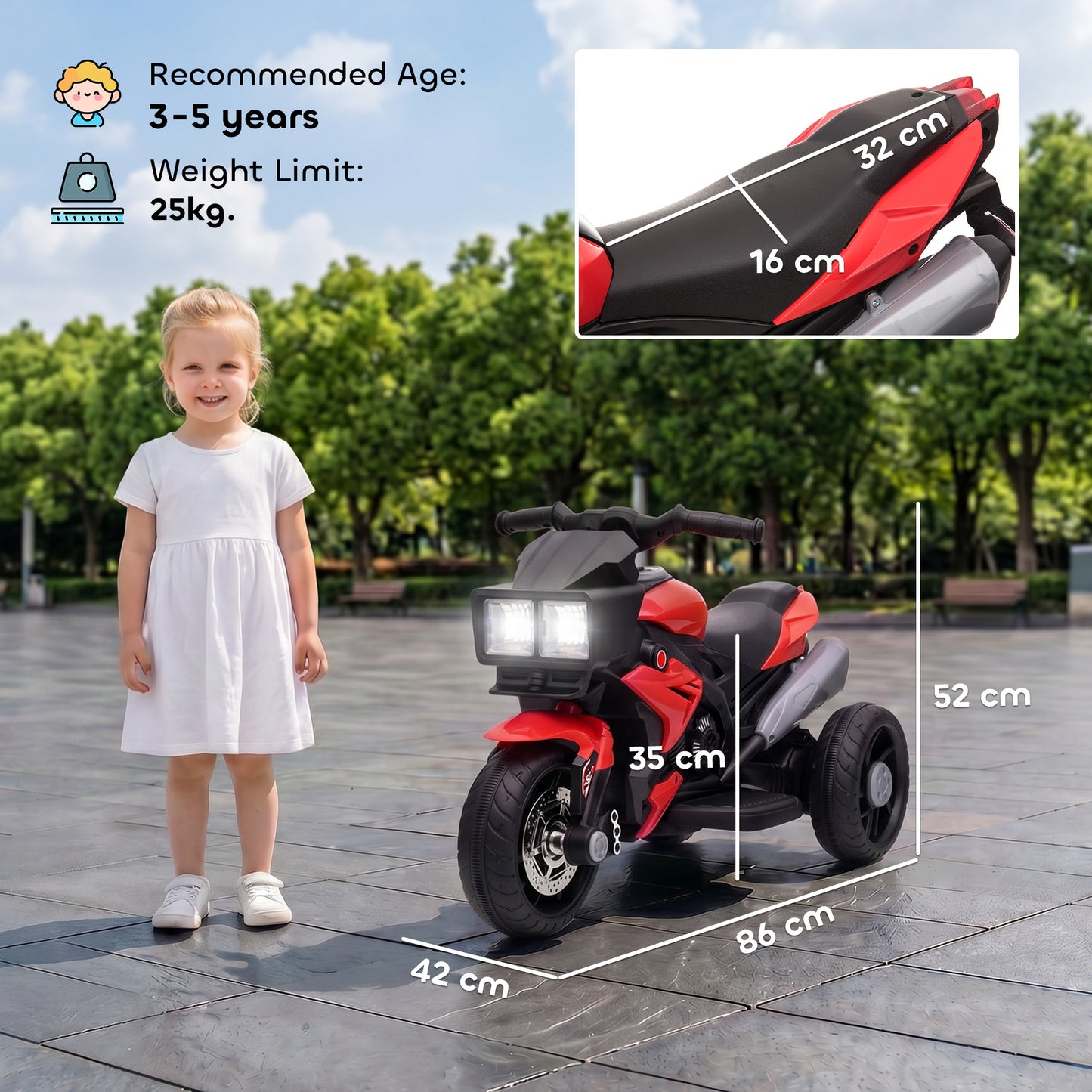 Kids Electric Motorcycle Ride-On Toy, 3-Wheel Battery-Operated Motorbike with Horn, Toddler Ride On Bike, Red
