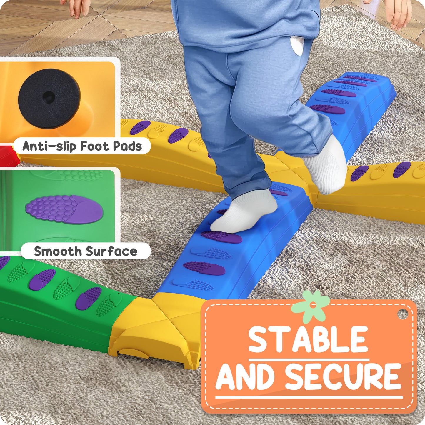 12-Piece Kids Balance Beam Stepping Stones, with Non-Slip Foot Pads, Multicoloured