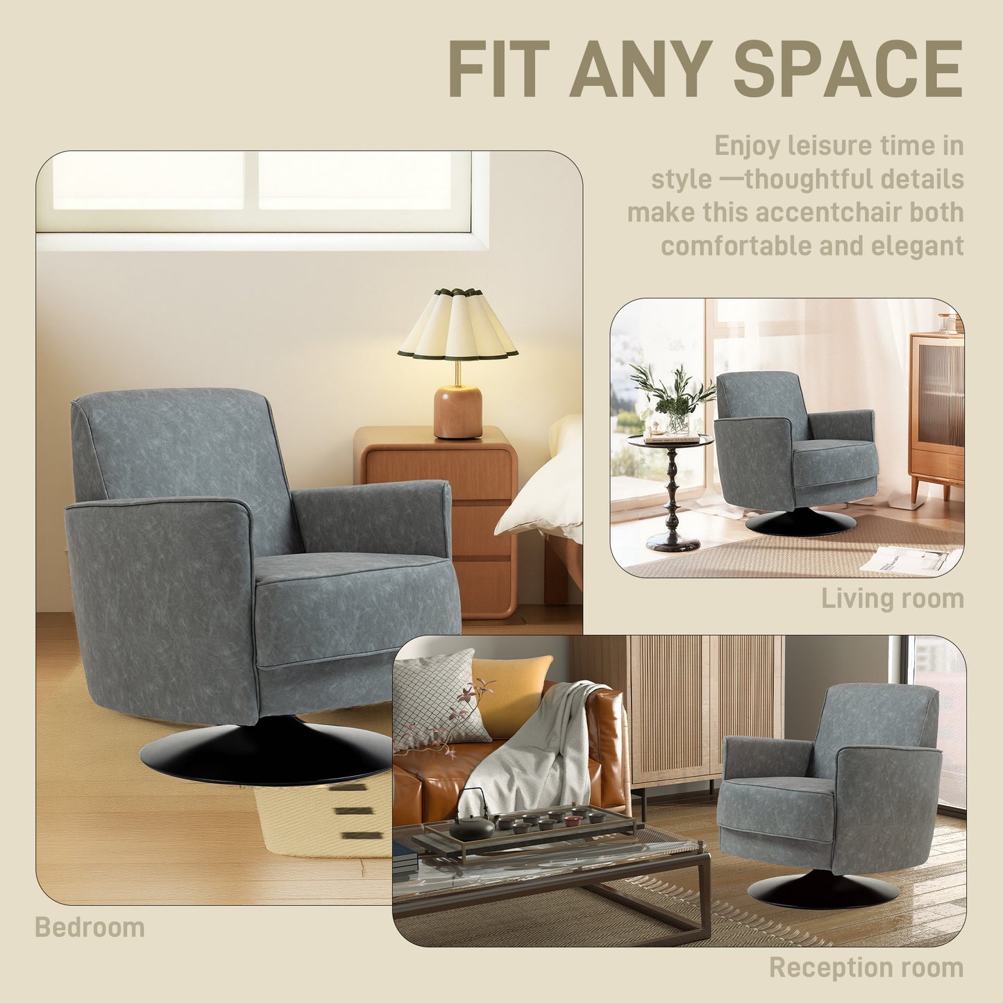 Upholstered Swivel Accent Chair with Thick Padding, Grey