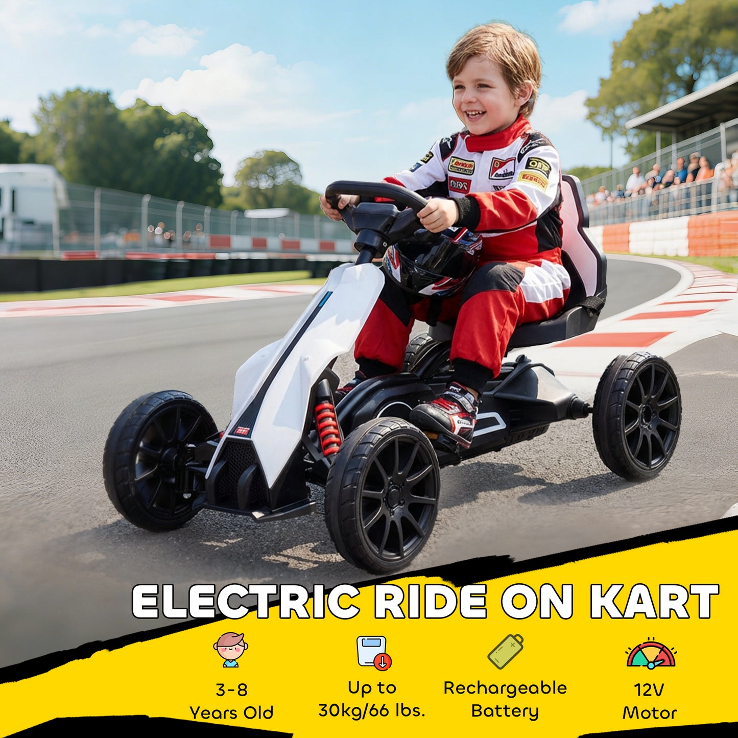 12V Electric Go-Kart for Kids, Ride-On Racing Go-Kart, with Forward and Reversing Functions, for Ages 3-8 Years - White