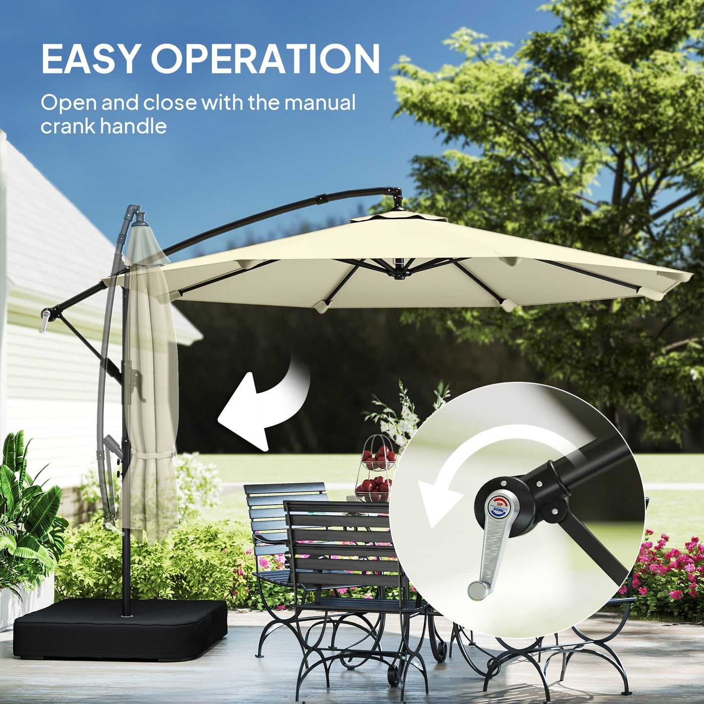 3 m Garden Cantilever Parasol with Cross Base, Sandbag, 360° Rotating Overhanging Banana Umbrella, Beige