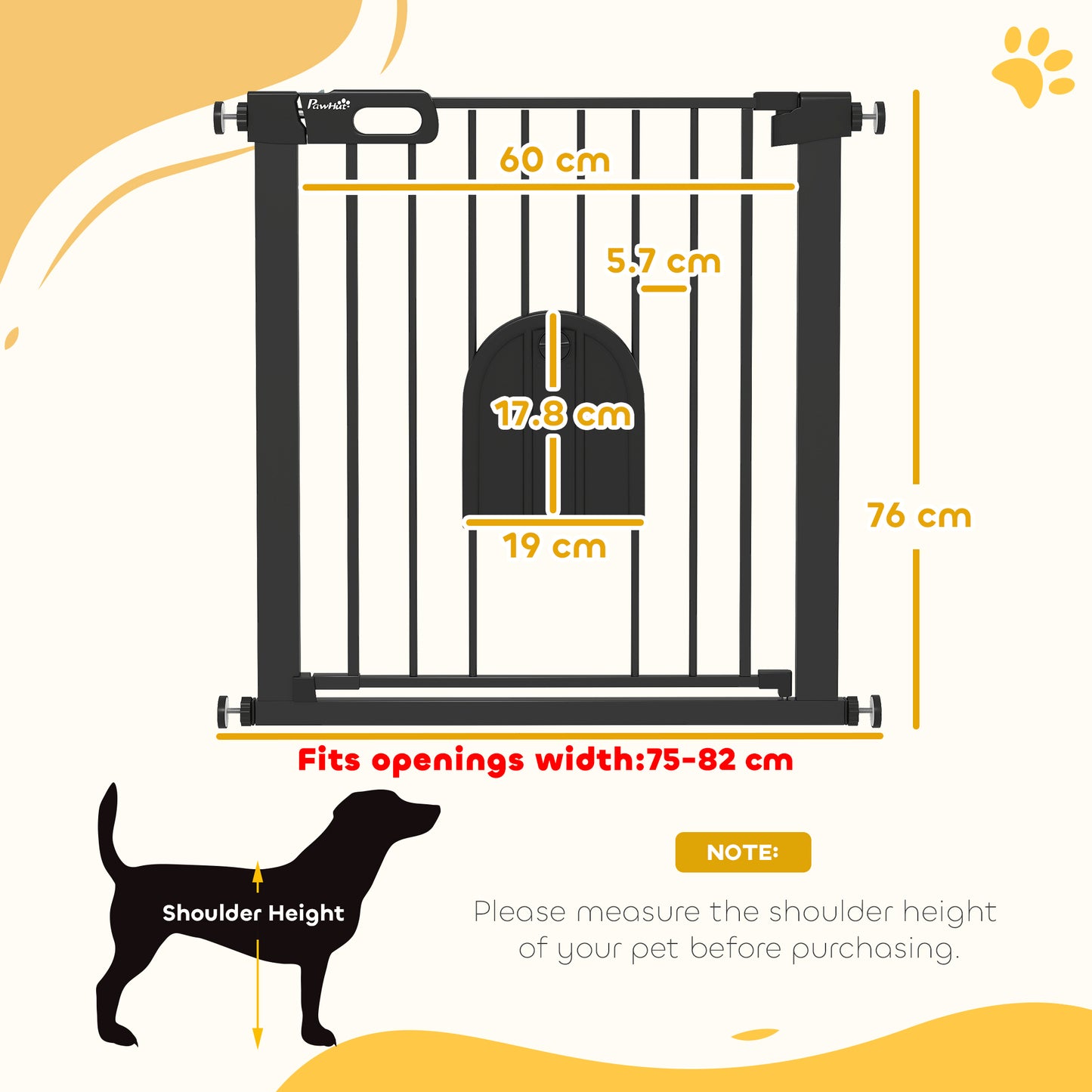 Dog Gate with Cat Flap Pet Safety Gate Barrier, Stair Pressure Fit, Auto Close, Double Locking, 75-82 cm Black