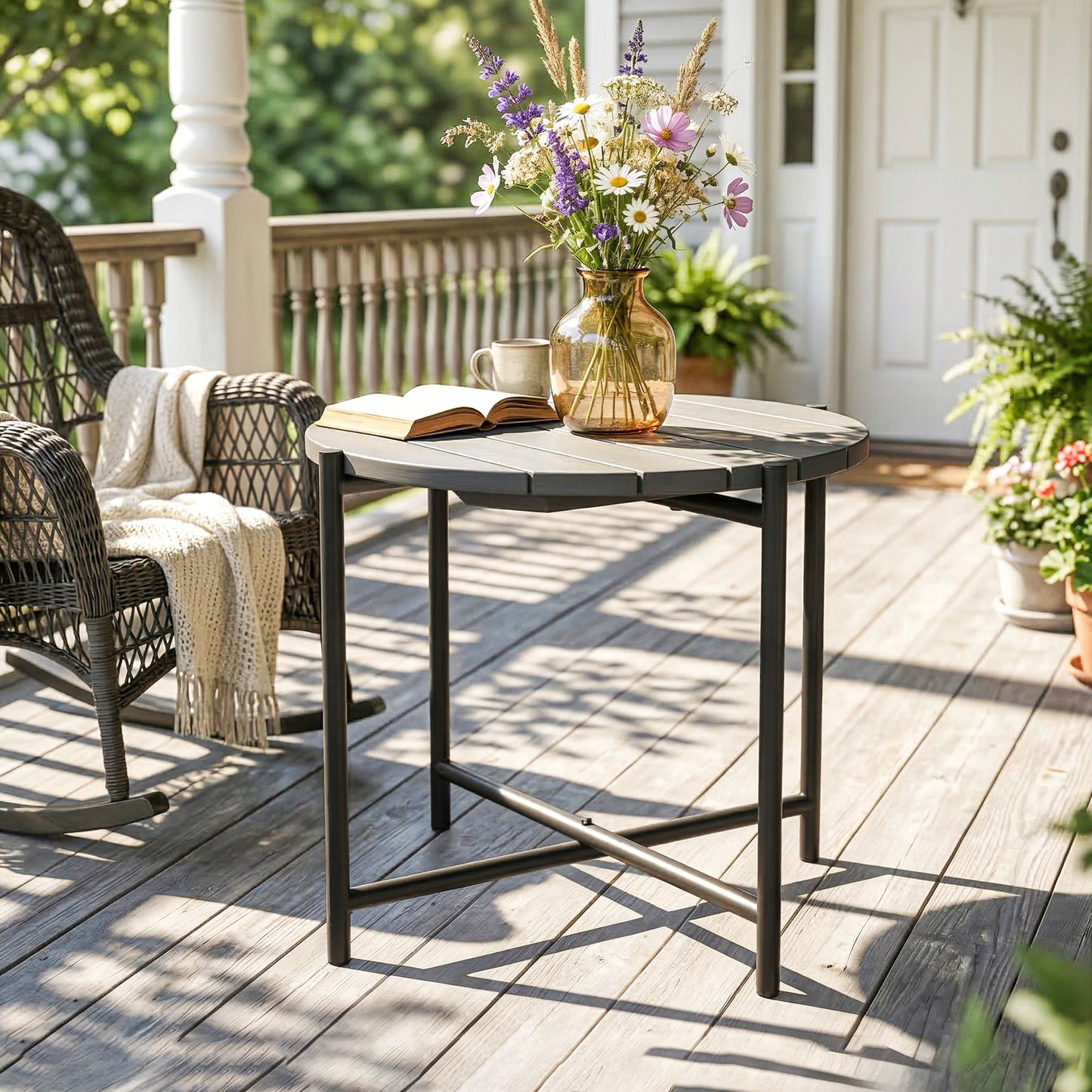 54 cm Round Outdoor Side Table, Industrial Small Garden Table with Slatted Wood Top and Metal Frame, Dark Grey