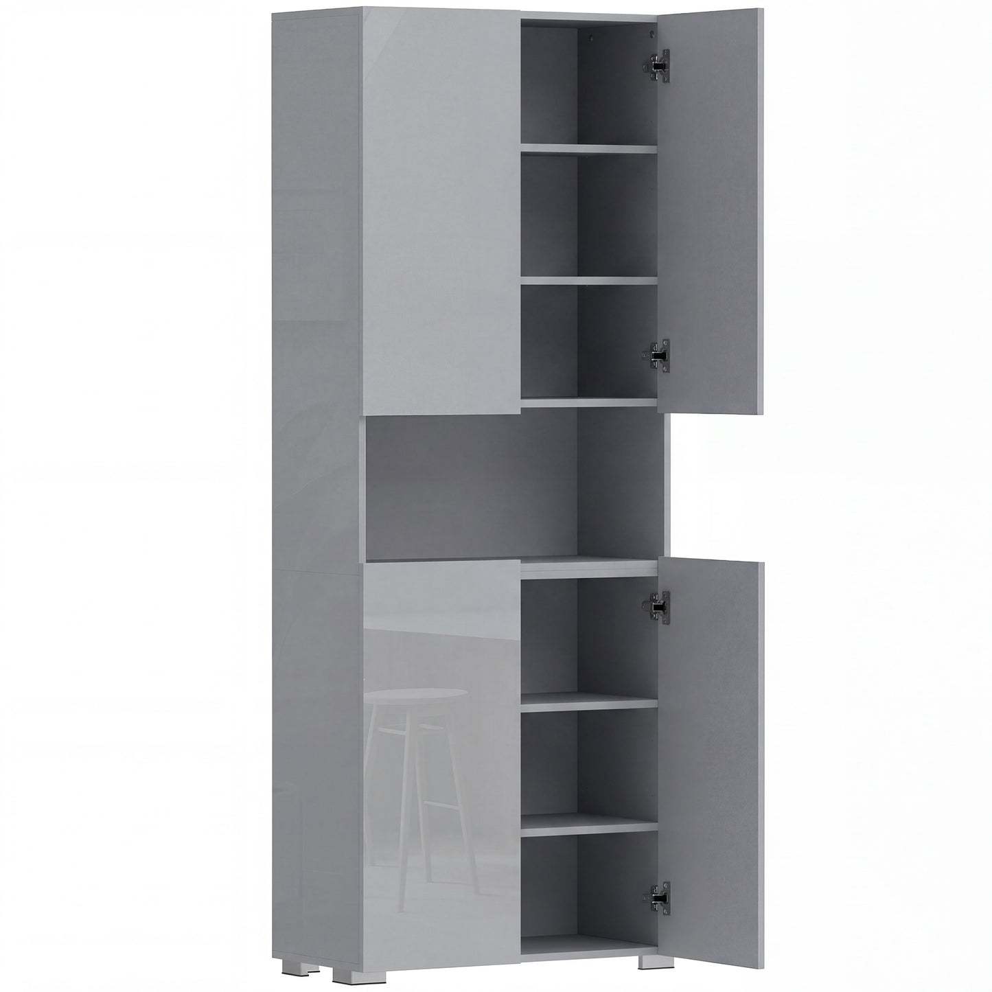 180 cm Tall Kitchen Cupboard, Pantry Storage Cabinet with Soft Close Doors and Adjustable Shelves, High Gloss Grey