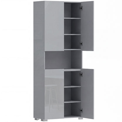 180 cm Tall Kitchen Cupboard, Pantry Storage Cabinet with Soft Close Doors and Adjustable Shelves, High Gloss Grey