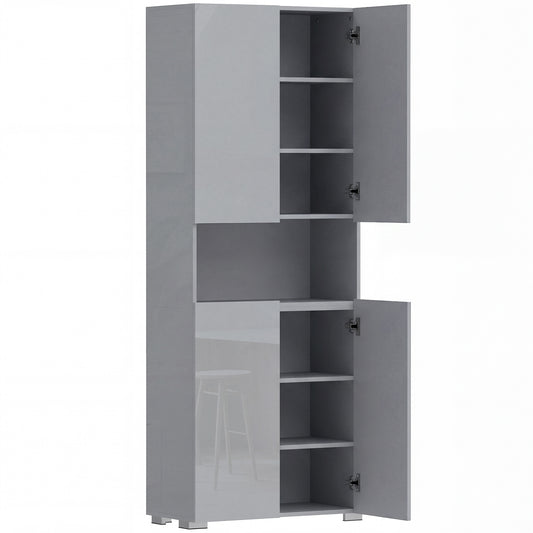180 cm Tall Kitchen Cupboard, Pantry Storage Cabinet with Soft Close Doors and Adjustable Shelves, High Gloss Grey