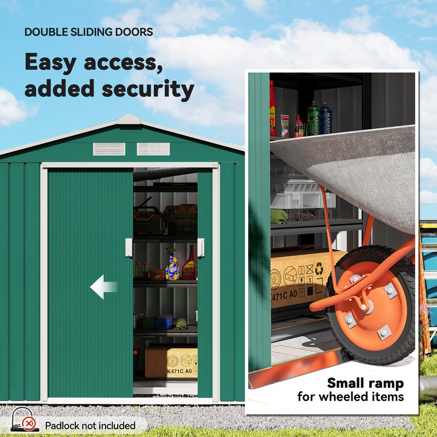 7 x 4ft Metal Garden Shed, Outdoor Storage Tool House with Ventilation Slots, Foundation Kit and Lockable Double Doors, Green