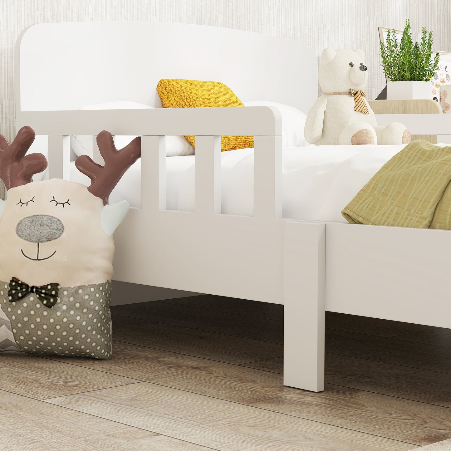Toddler Bed, Kids Bed Frame with Safety Side Rails, Kids Bedroom Furniture for Ages 3-8 Years, White
