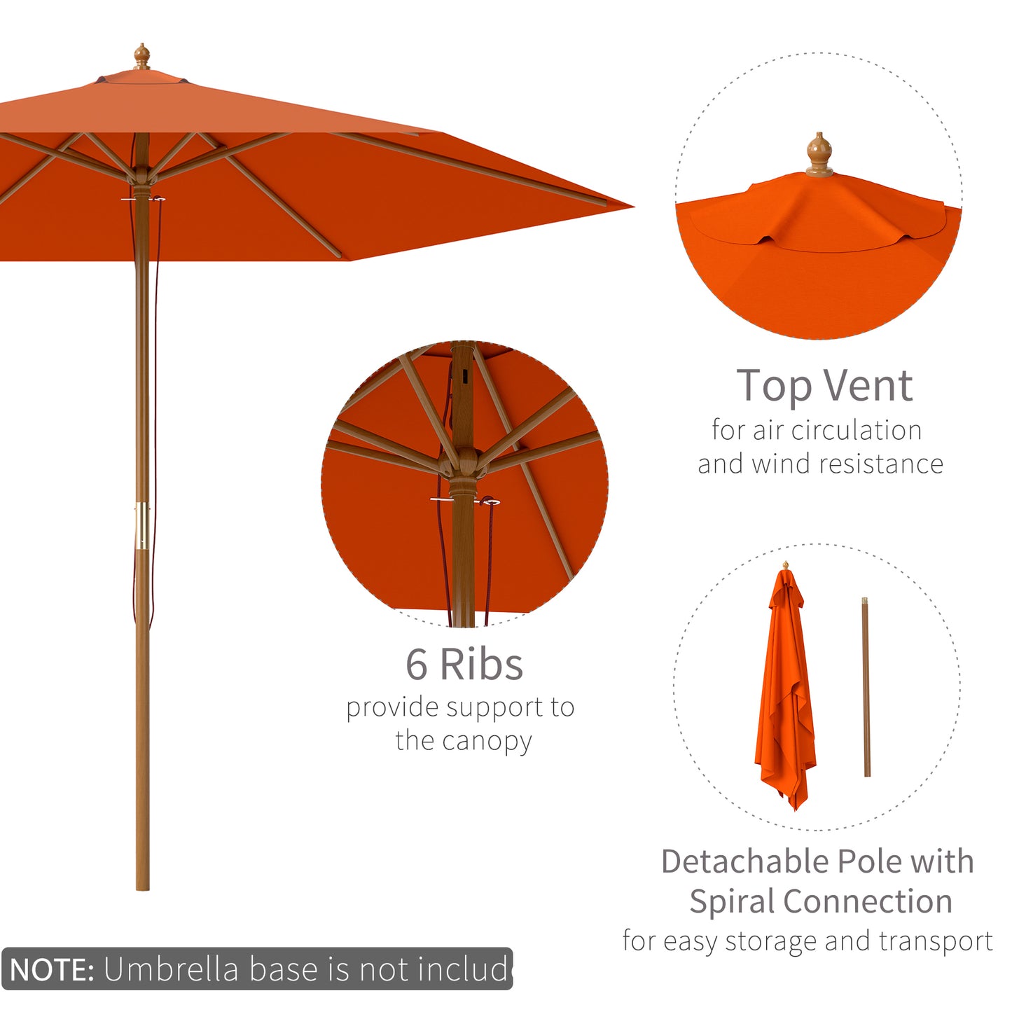 2.5m Wood Garden Parasol Sun Shade Patio Outdoor Wooden Umbrella Canopy, Table Market Umbrella with Vent, 38mm Pole